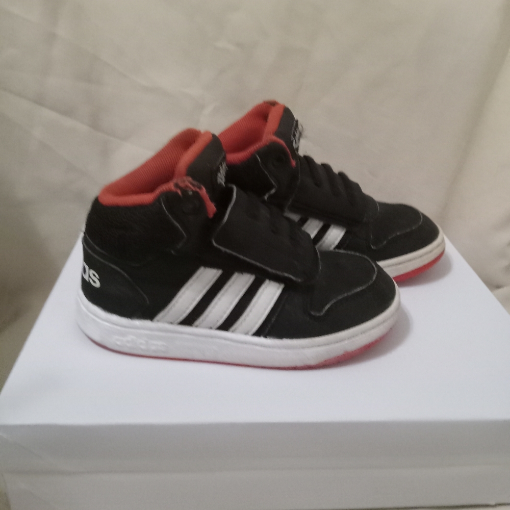 Adidas Kids Black and White Sneakers with Red Accents